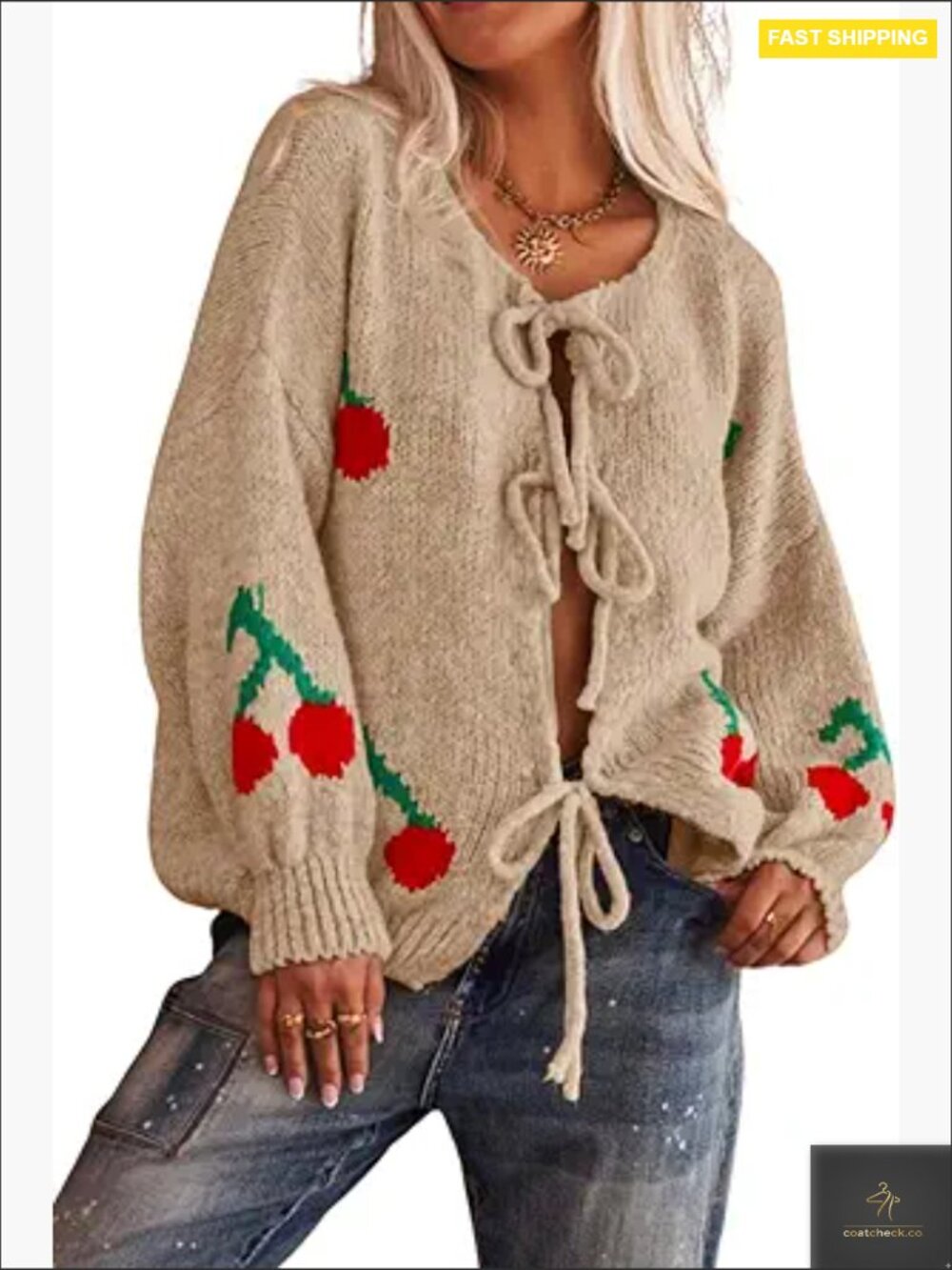 Y2K Cherry Bow Knot Cardigan Chunky Knit Crewneck Sweater Coatigan Open Front